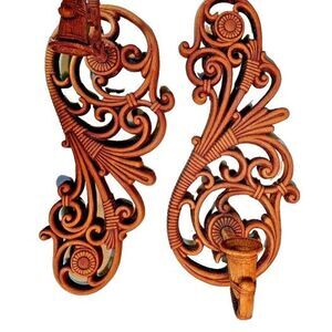 ✨Pair SYROCO Homco DART Wood Toned RATTAN LOOK Wall Sconces #3317